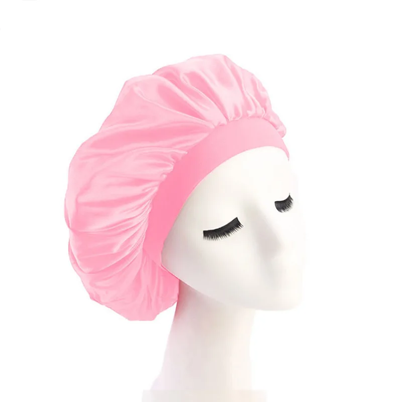 pink Женская широкополосная Атласная шапочка для женщин Удобная Ночная мягкая шелковая шапочка для сна колпак для химиотерапии однотонные кепки - Цвет: pink