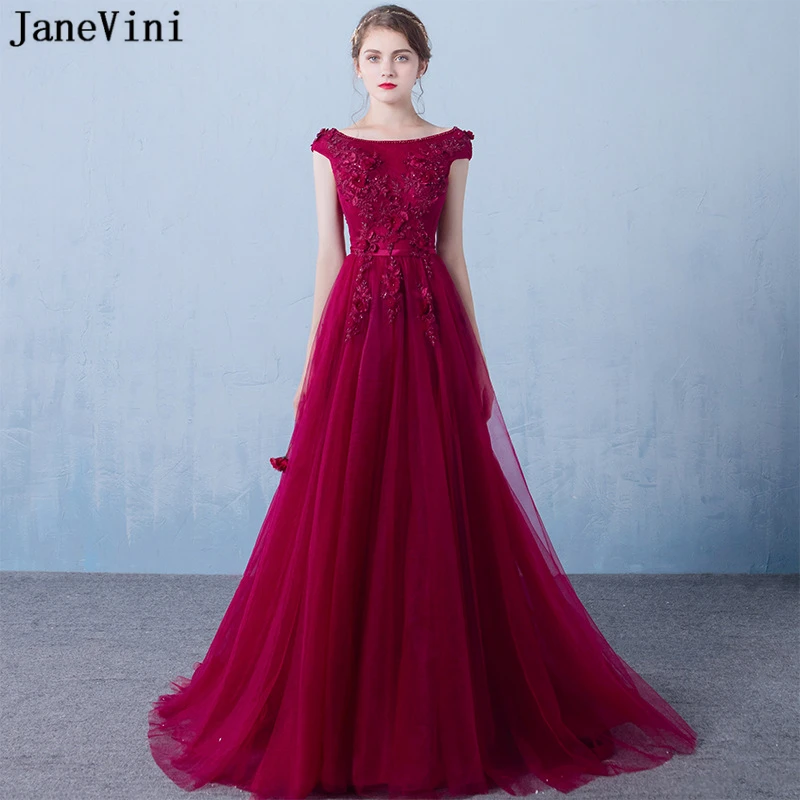 

JaneVini 2019 Burgundy Bridesmaid Dresses Scoop Neck A Line Lace Appliques Beaded Backless Tulle Elegant Long Party Prom Gowns