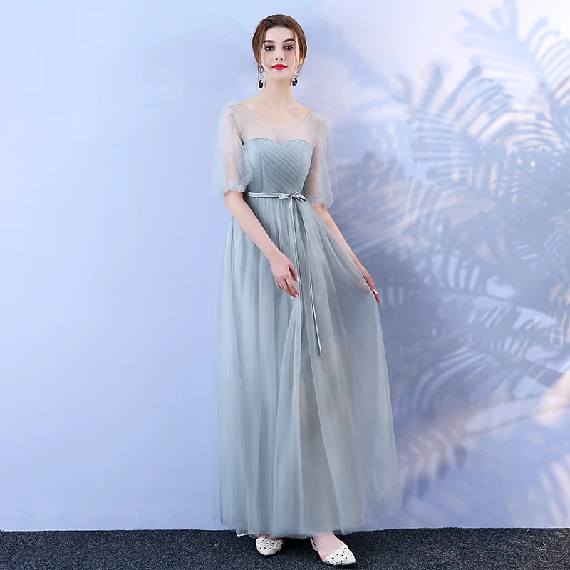 Серое платье подружки невесты женское длинное сетчатое свадебное для сестер