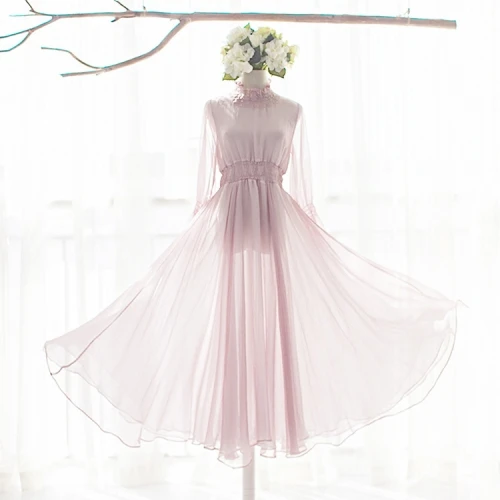 Розовый MM169 Новое поступление Лето женское 9 м большой низ Водолазка с длинным рукавом Макси Винтаж пляжное шифоновое платье розовый - Цвет: Розовый