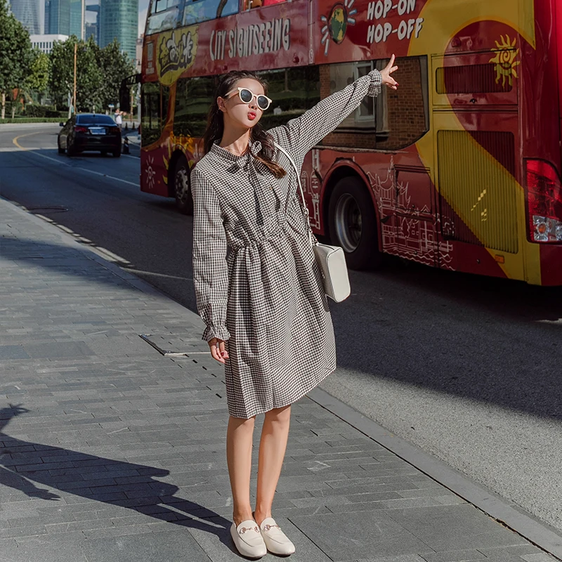 Повседневное осеннее клетчатое платье с длинными рукавами женские платья