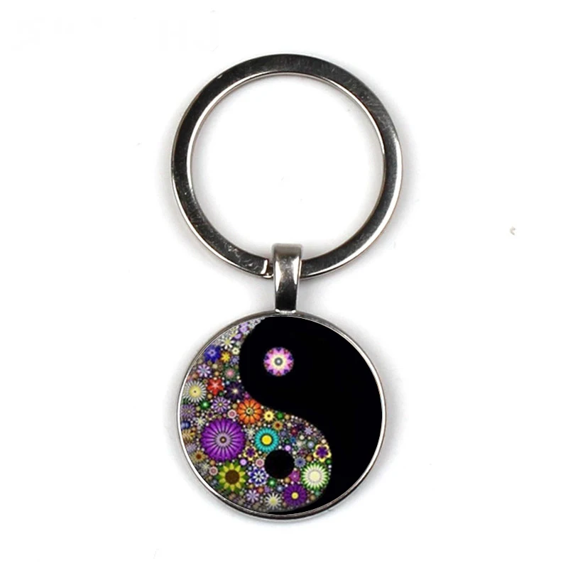 

Ying Yang Mandala Glass Dome Cabin keychain Vintage Bronze Lever Fashion Bag Key Chain Women's Girls Gifts