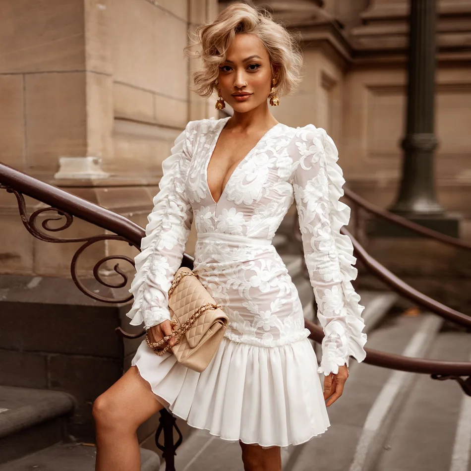 Романтичное женское Сетчатое платье с оборками и вышивкой Vestidos длинным рукавом v