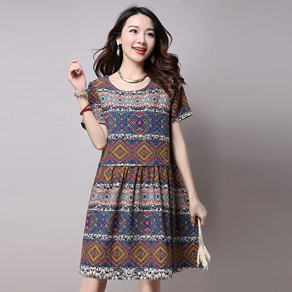 Женское винтажное летнее платье с принтом а-силуэт карманы o-образный вырез