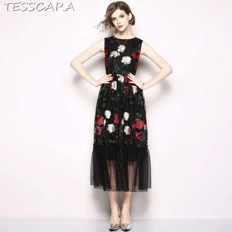 Женское Сетчатое платье с вышивкой TESSCARA винтажное дизайнерское высокого