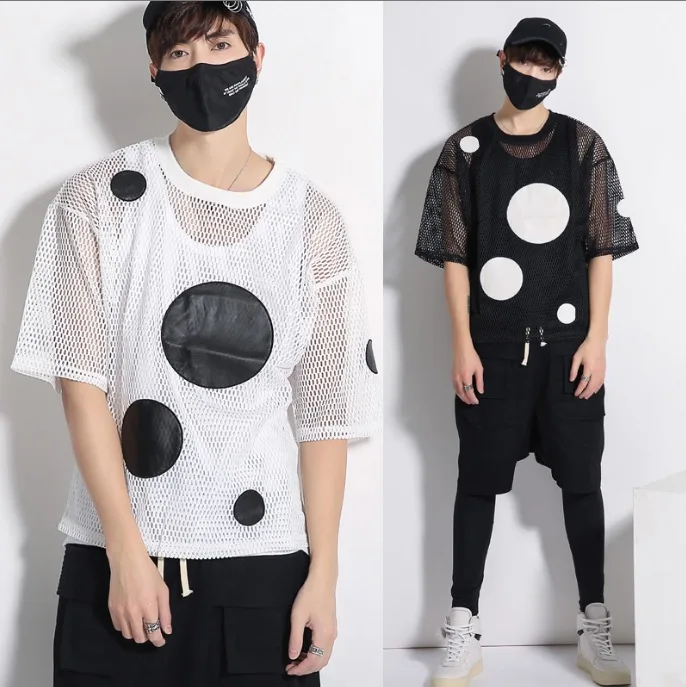 Мужская футболка в горошек с коротким рукавом стильная сеточку графическим