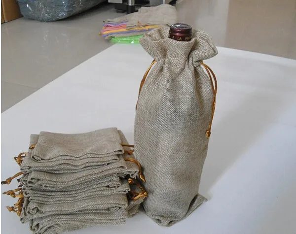 

2016 NEW 15x37cm 150pcs Single stamping jute wine bottle pouches wedding bomboniere Gift bags by DHL