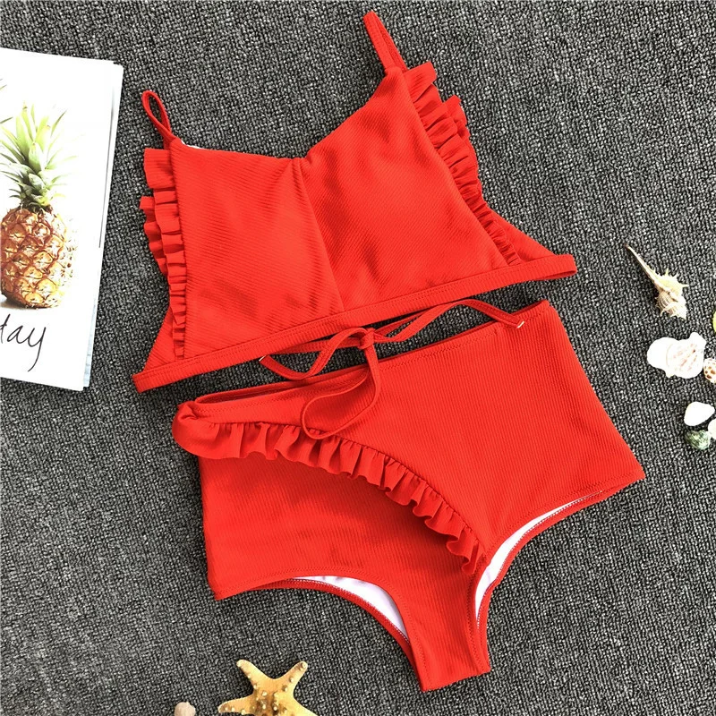 Женский Бандаж с высокой талией сексуальный красный комплект бикини оборками