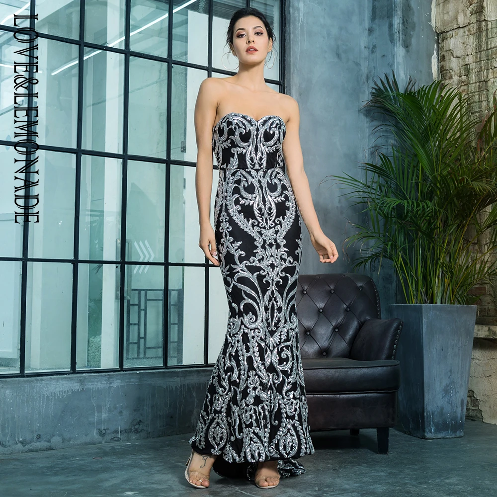 Женское длинное платье LOVE &amp LEMONADE серебристое в форме рыбьего хвоста с блестками