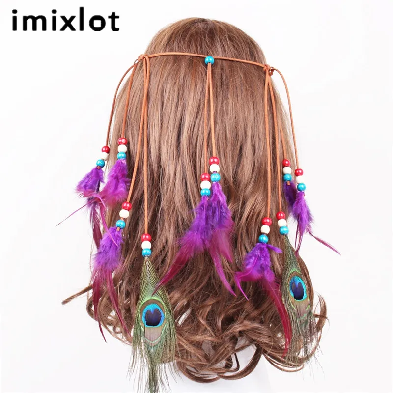 Imixlot богемный Индеец перья бисерная повязка на голову женская синяя хиппи одежда