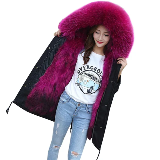 

Natural raccoon dog fur collar hooded women's fox fur liner parkas women fur coats outerwear 2019 new arrival autumn winter