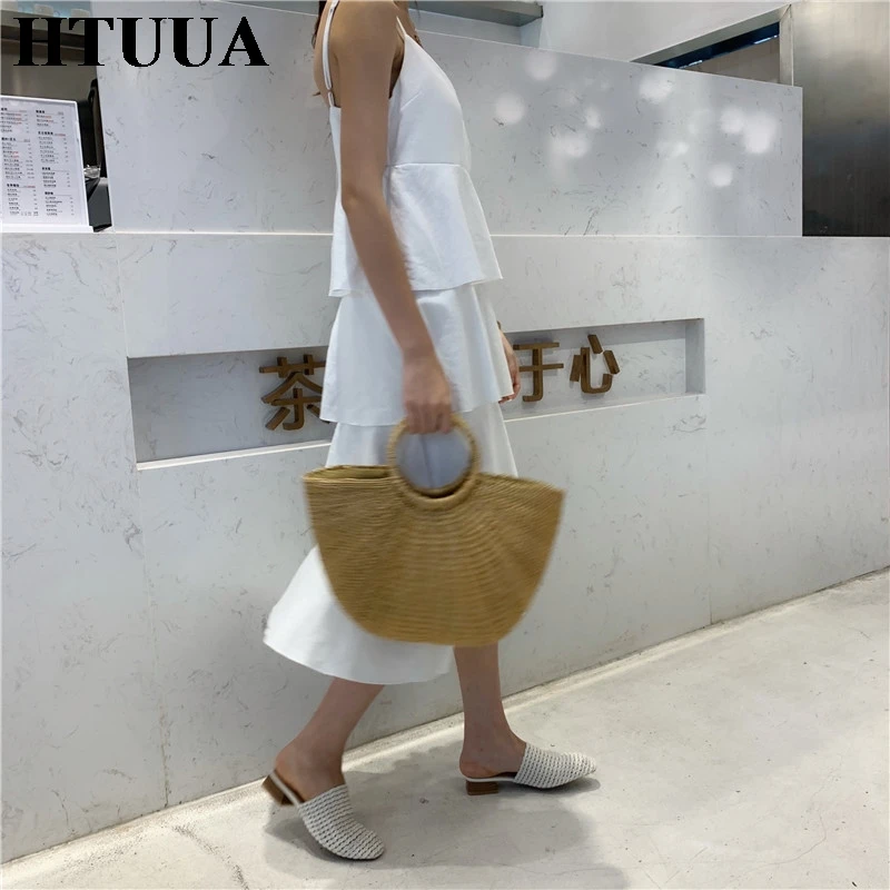 HTUUA/сезон весна-лето; туфли без задника с плетеной соломенной подошвой; женские шлепанцы; шлепанцы без застежки на низком каблуке; повседневные пляжные вьетнамки; сандалии; SX2739