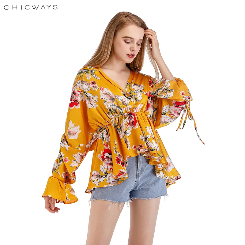 CHICWAYS Мода печати шелковые Сатиновые блузки свободные для женщин V шеи Ruched Drawstring