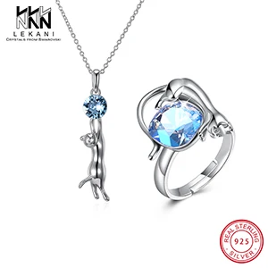Bule Crystal Прекрасный Кот Кристалл от Swarovski Ювелирный Набор 925 серебро милое ожерелье Синие стразы кольцо для женщин Подарки на годовщину - Цвет камня: Bule Crystal