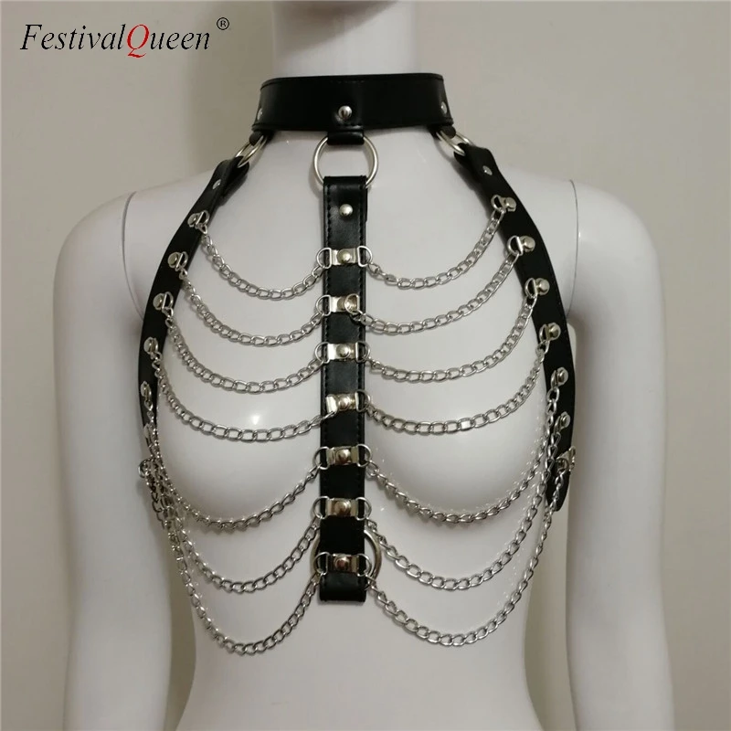 FestivalQueen сексуальный короткий топ из искусственной кожи с металлической драпировкой и цепочкой, лоскутный женский топ с открытой спиной для ночного клуба