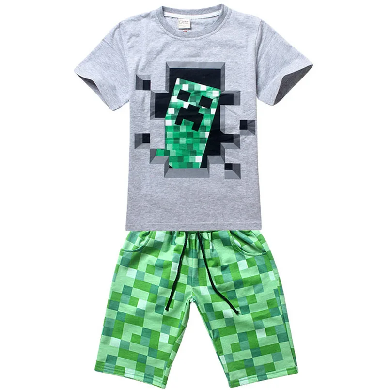 Minecraft Cartton набор мальчик натуральный хлопок комплекты летней одежды короткий