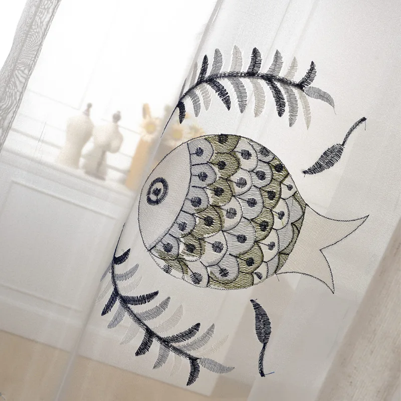 Вышитые шторы из белого тюля для детей Мультяшные рыбки вуаль прозрачные