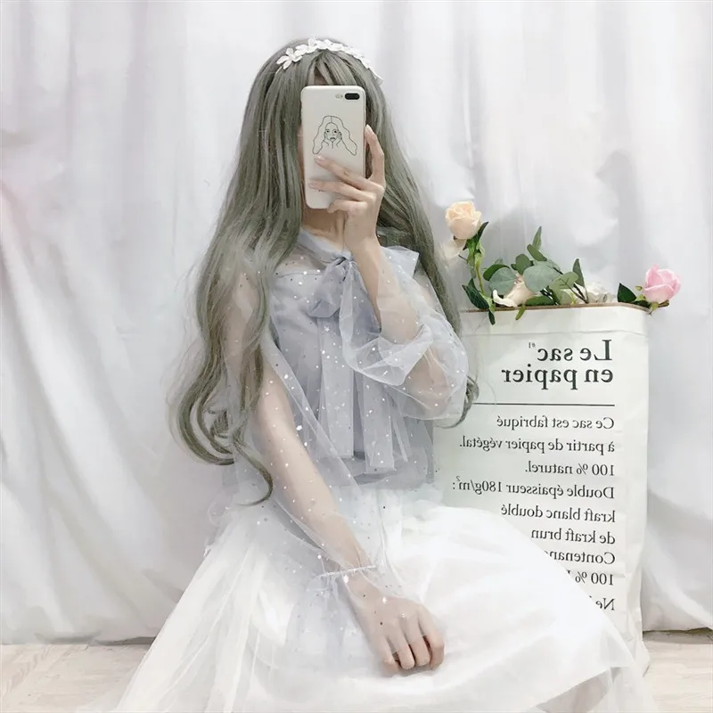 Милый женский комплект из 2 предметов: блузка с рукавом фонариком сетчатой ткани +