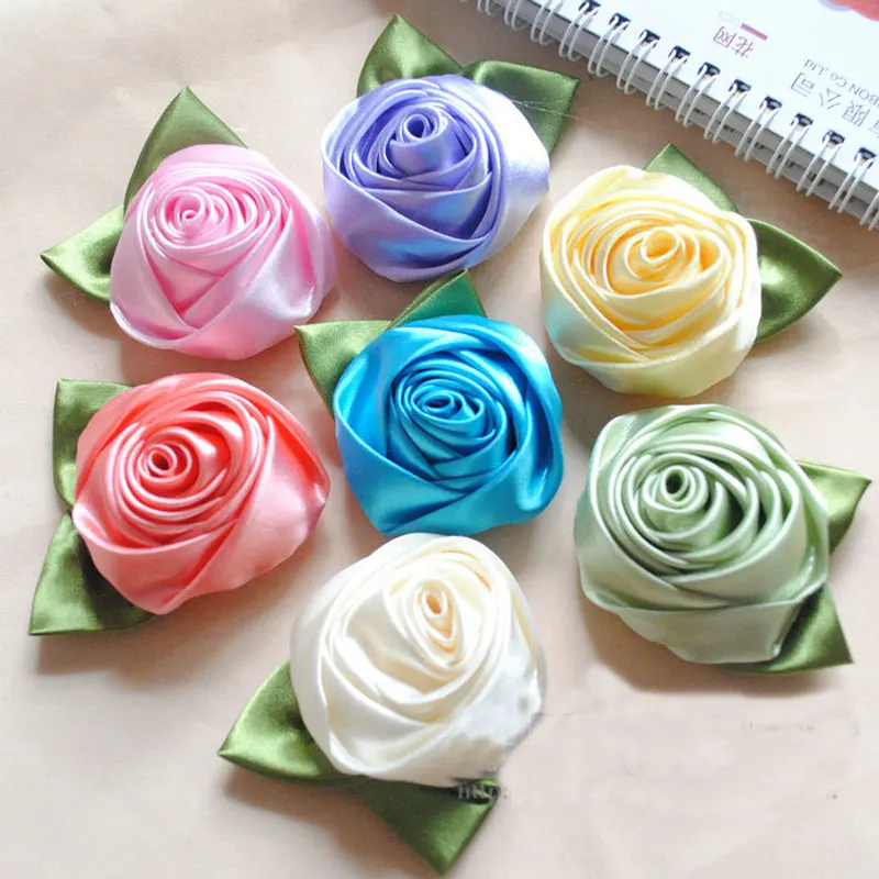 

10Pieces/Lot Handmade Size 5.5CM Satin Ribbon Rose With Green Leaf Artificial Flower DIY Wedding Bouquet Decoration Accessories