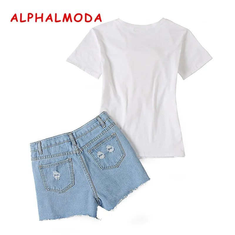 Женский Повседневный комплект ALPHALMODA футболка с аппликацией медведя + джинсовые