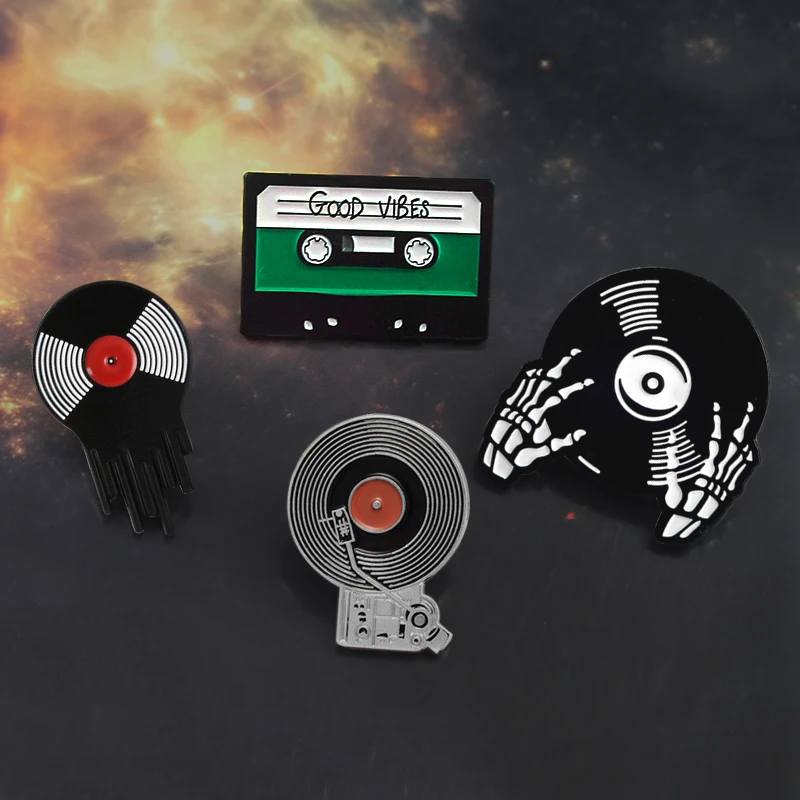 Gramophone Vinyl Record Tape DJ Brooch Retro Music Player CD Skeleton Hand GOOD VIBES Enamel Pin Leather Badge Music Lovers Gift