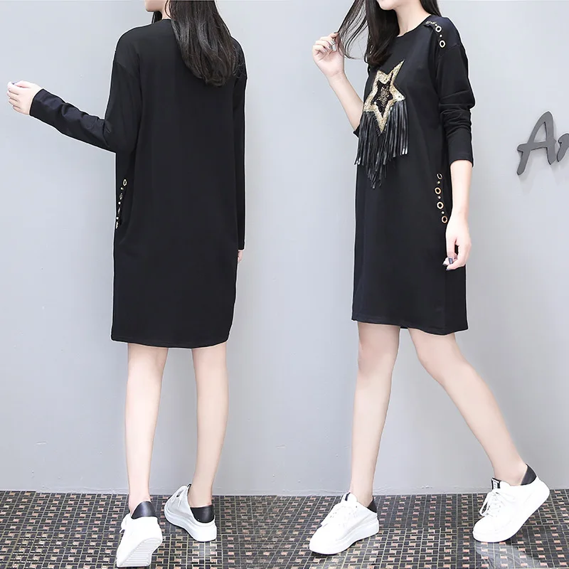 5xl plus big size women clothing 2017 spring autumn winter korean new black star tassel cute casual thin dress female Y0673 | Женская