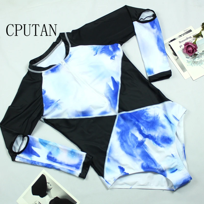 2018 New One Piece Swimsuit Print Patchwork bodysuit Swimwear female Push up Women Long sleeve Bathing Suit Plus size Surf suit | Спорт и