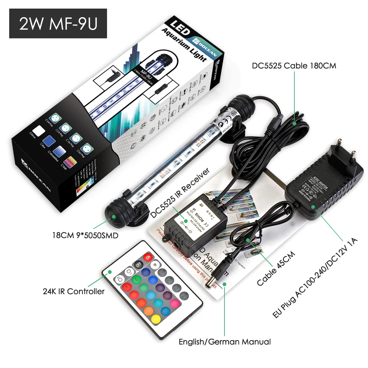 EU Plug 18CM Светодиодный светильник для аквариума с вилкой европейского стандарта RGB, яркий подводный погружной светильник, водонепроницаемая лампа 5050 SMD с пультом дистанционного управления - Цвет: EU Plug 18CM
