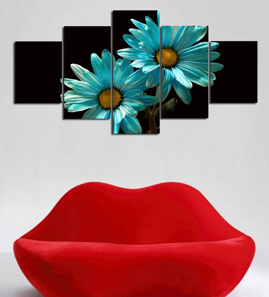 Unframed Blue Gerbera Painting 5 Panels Modern Wall Art On Canvas Beautiful Flower Printing Prints Poster | Дом и сад