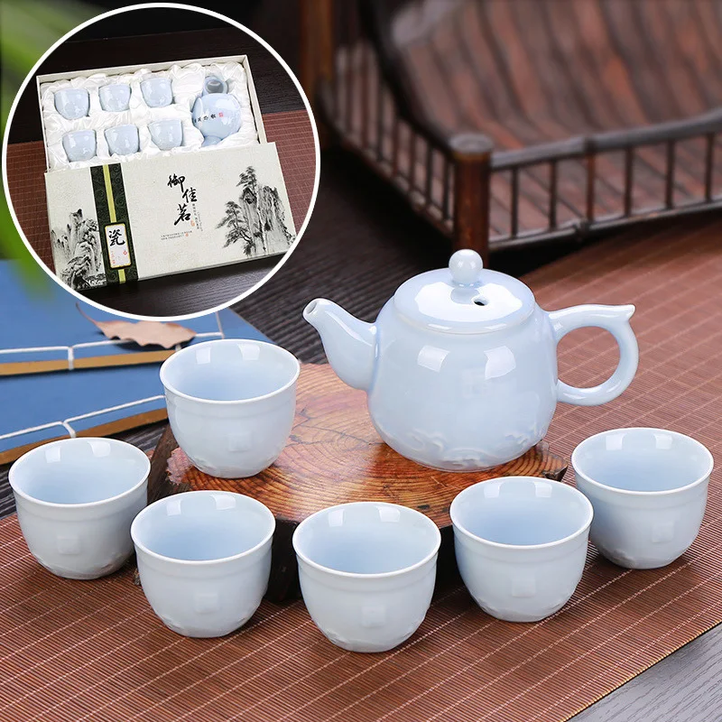 

Porcelain kung fu tea set embossed dragon ceramic tea sets 1 teapot+6 tea cup,chinese tea set with gift box
