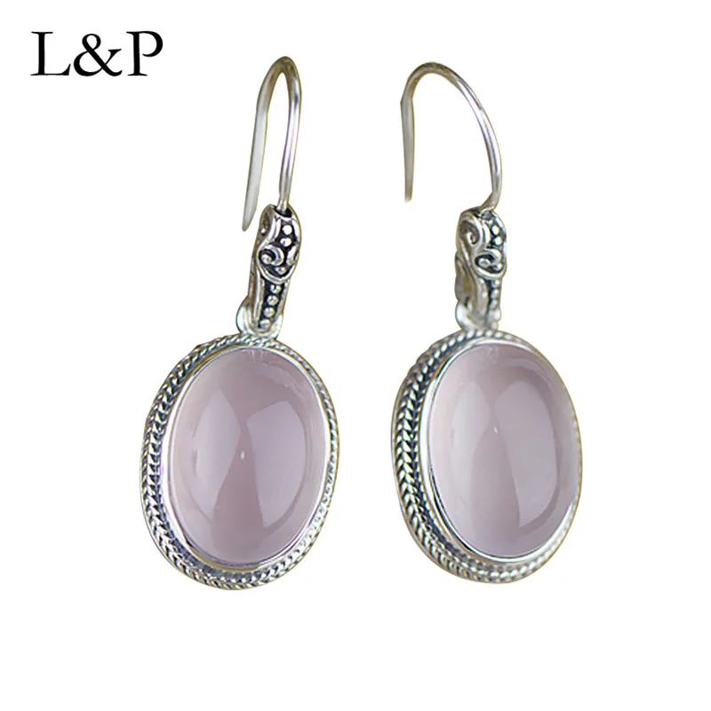 

L&P Vintage Rose Quartz Stone Drop Earrings For Lady Genuine 925 Sterling Silver Earrings Wedding Fine Jewelry For Women Gifts