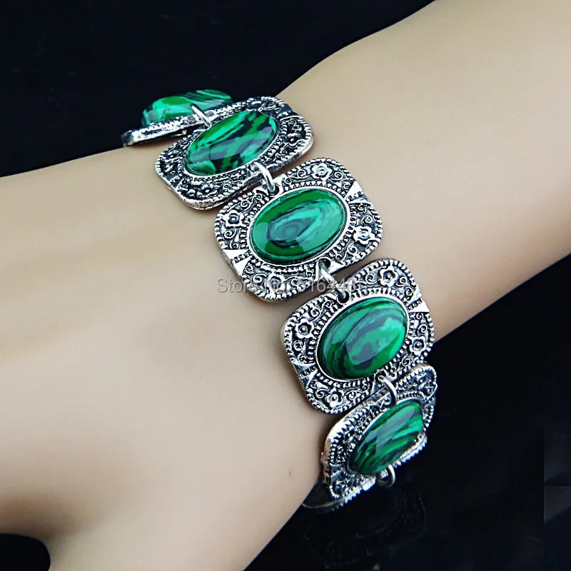 Женский винтажный комплект из 3 предметов антикварное серебро серьги Малахита