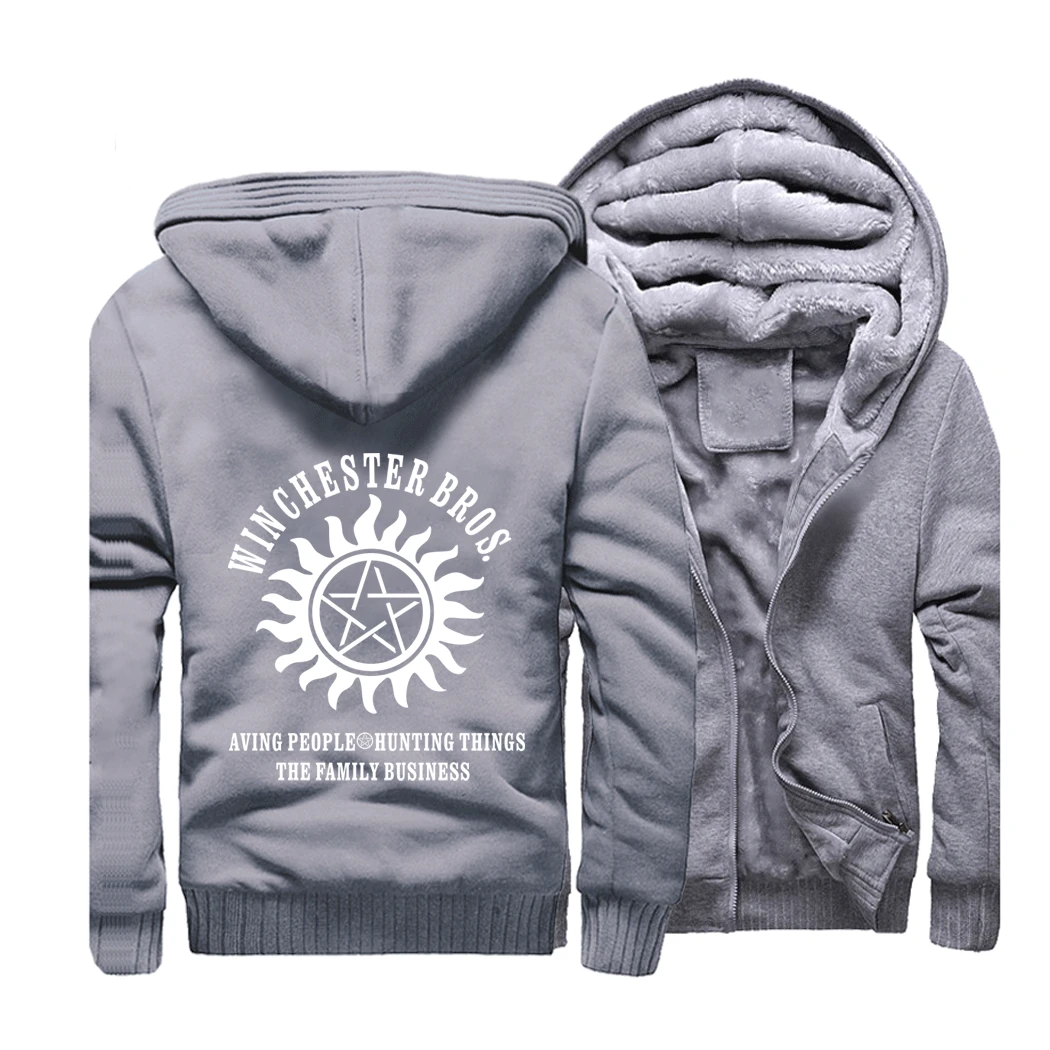Supernatural Streetwear Hoodies Winchester Brothers Sweatshirt Men Winter Fleece Thick Hooded Sportswear Coat Hoodie Jackets - Color: gray 5