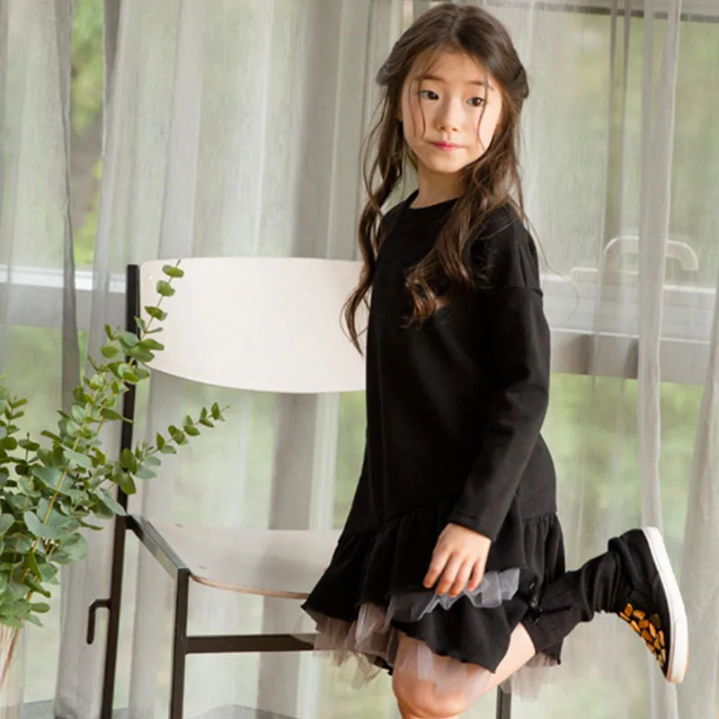 new 2018 mesh patchwork teenage girls long sleeve dresses for kids autumn winter black ruffles sweatshirt dress children clothes | Детская