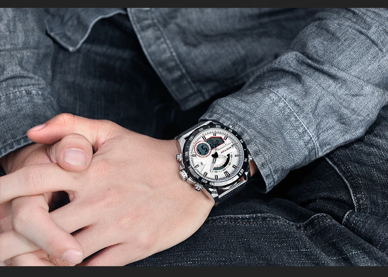 RISTOS модные часы Relojes Masculino Hombre, многофункциональные мужские спортивные часы со стальным плетением, цифровые наручные часы с хронографом для мужчин 9361