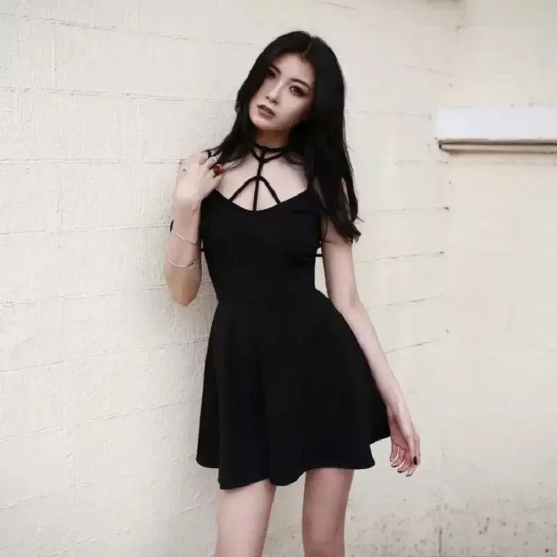 Женское сексуальное платье в стиле Харадзюку готическое черное с лямками крест