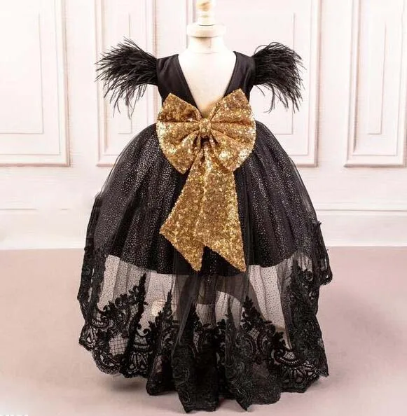 Black hi lo ostrich fur princess birthday party dress girl pageant gown for prom evening celebration with golden sequins bow | Детская