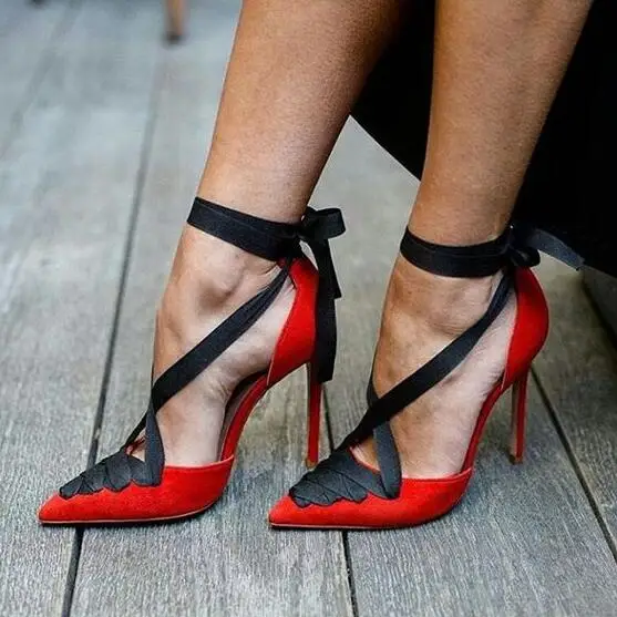 

2018 Hot Fashion Elegant Red Flock Pointed Toe Shoe Thin Hells 8cm /10cm/ 12cm Cross-tied Women's Shoes Shallow big Size Pumps