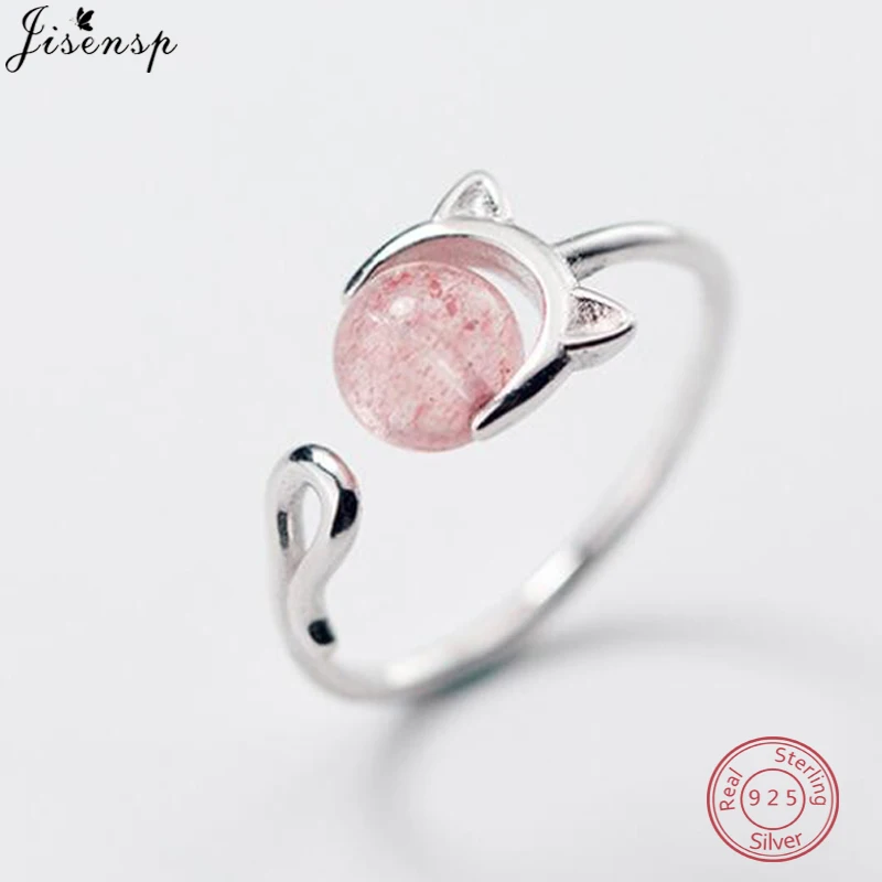 

Jisensp Cute Animal Cat Rings for Women Girls 925 Sterling Silver Adjustable Finger Ring Pink Crystal Stone Ring Jewelry anillos