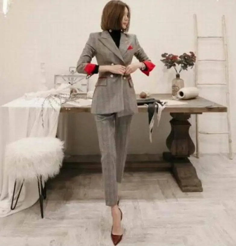 Осень 2020 деловой костюм из блейзера костюмы в клетку с брюками комплект двух