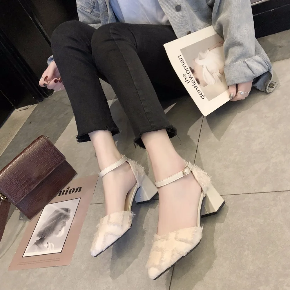 

2019 New Women's Spring Flock promShoes mouth pointed banquet High Thin Heels Fashion Shallow Square Heel Pump Sexy Ladies Shoes