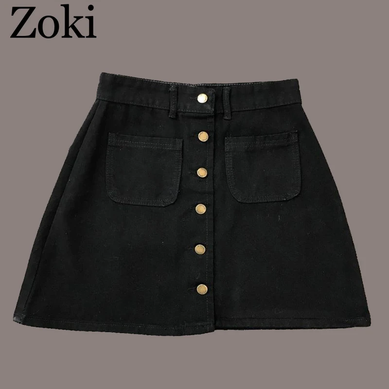 Zoki/винтажная женская джинсовая мини-юбка, летняя, высокая талия, трапециевидная, Корейская, на одной пуговице, женские джинсы Harajuku, хлопковая уличная одежда
