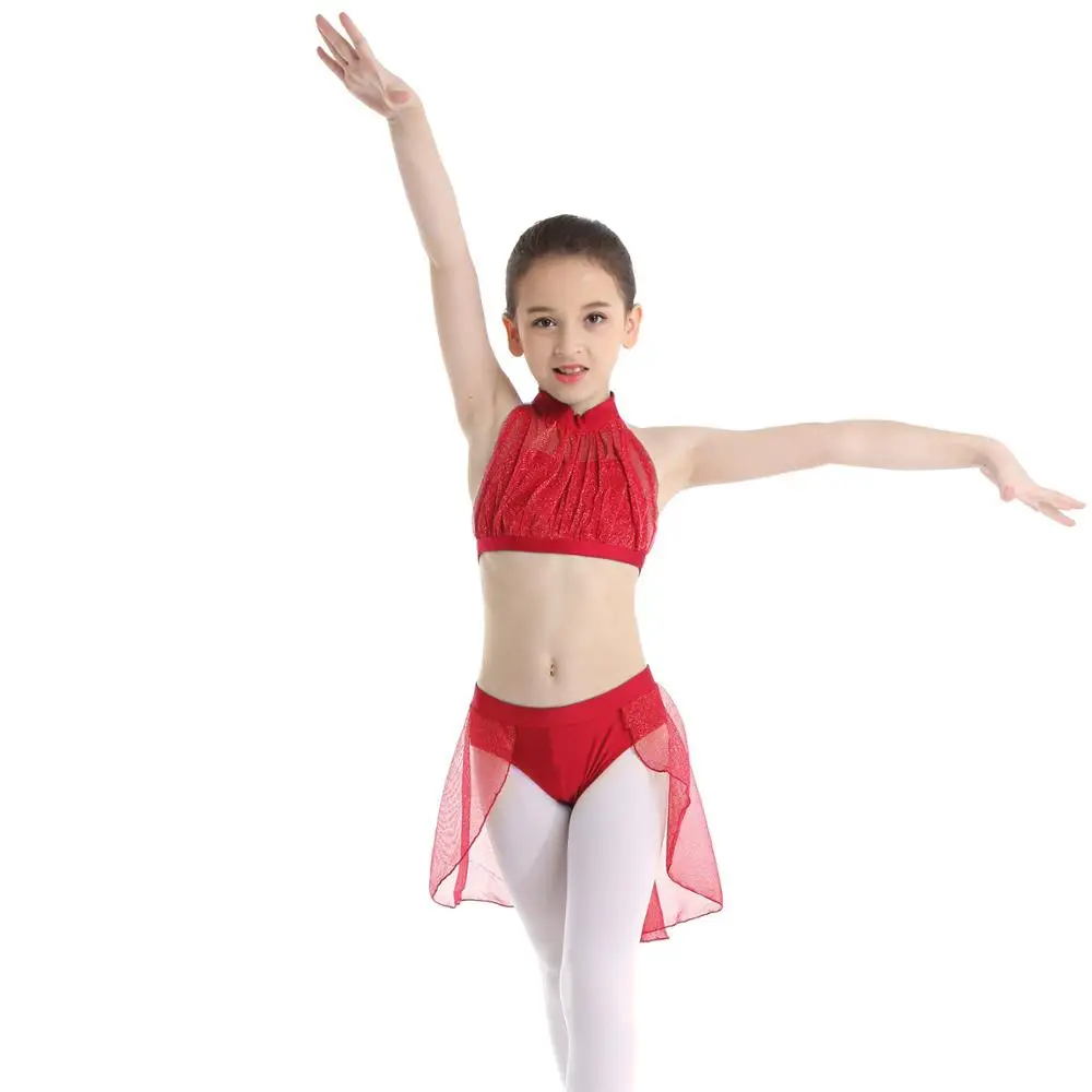 Детский гимнастический купальник для девочек укороченный топ с сеткой юбки