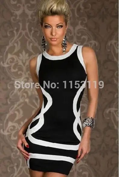 New fashion 2014 White and black red Panel sexy dress Midi Dress with Cut-out dresses free Shipping | Женская одежда