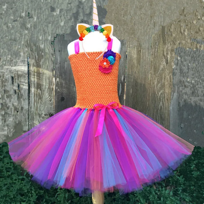 

Красочное платье-пачка для маленьких девочек с цветами, Детские двухслойные тюлевые пачки с ленточным бантом и гудком, комплект с повязкой ...