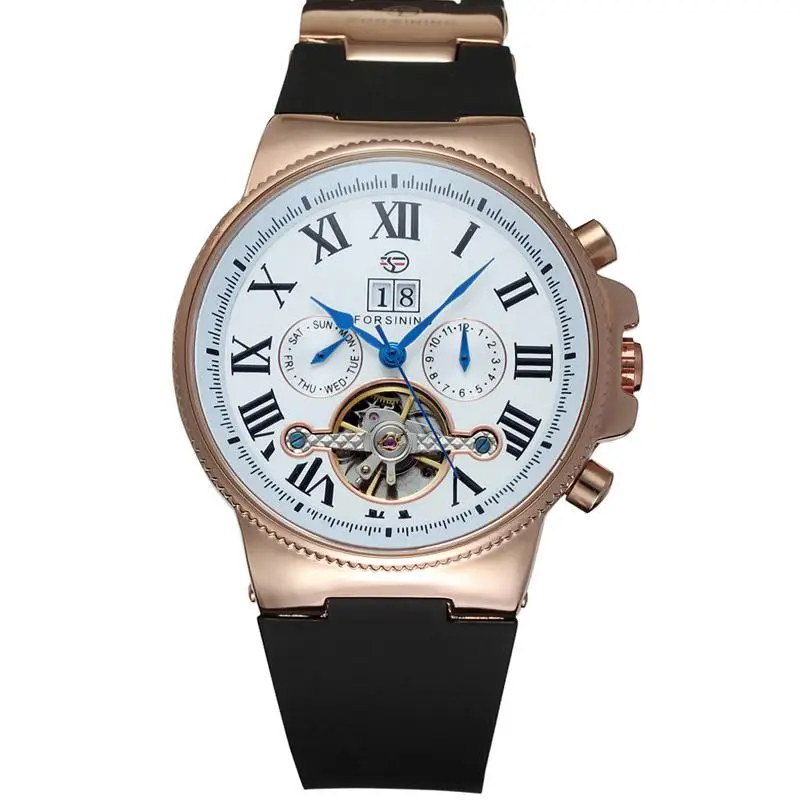 Forsining Tourbillon автоматические механические часы силиконовый ремешок чехол из розового золота римские цифры дисплей мужские часы Relogio Masculino - Цвет: Gold White