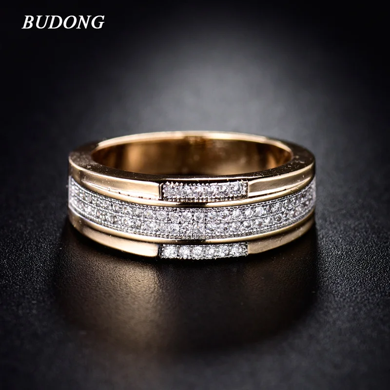 Женское кольцо для помолвки BUDONG Золотое с фианитом и кристаллами 2017 | Украшения