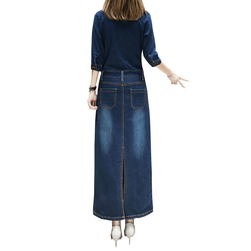 Женское длинное джинсовое платье элегантное винтажное с длинным рукавом модель
