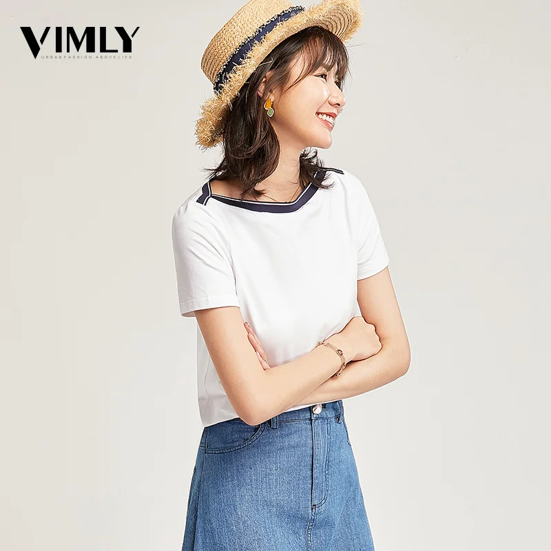 Vimly Летняя женская белая хлопковая Футболка Повседневная Базовая женский с