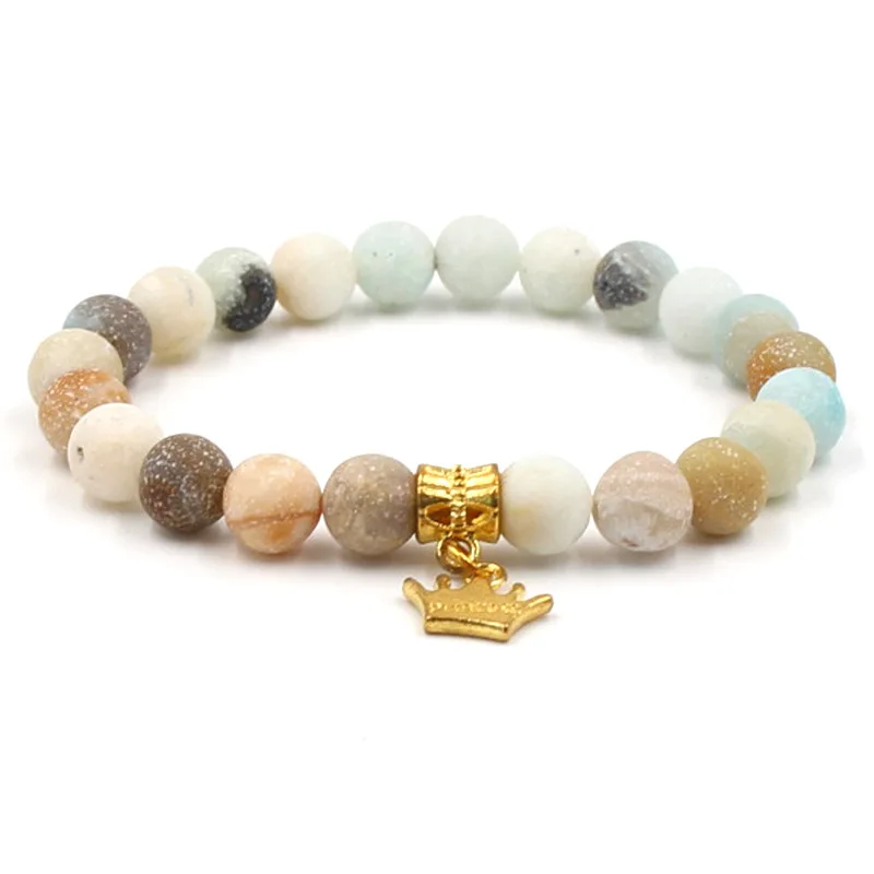 Simple Jewelry Star Leaf Crown Pendant Bracelets 8mm Frosted Amazonite Beaded Bracelet For Women Men Yoga Energy Gifts | Украшения и